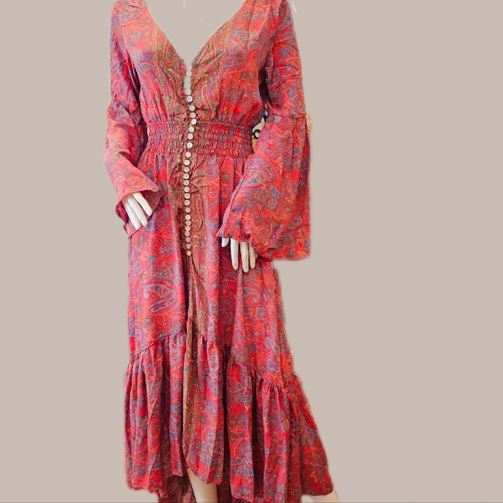 KARMA Hwy Gypsy Caravan Hi Lo Ruffle Dress Rose/Blue OS NWT